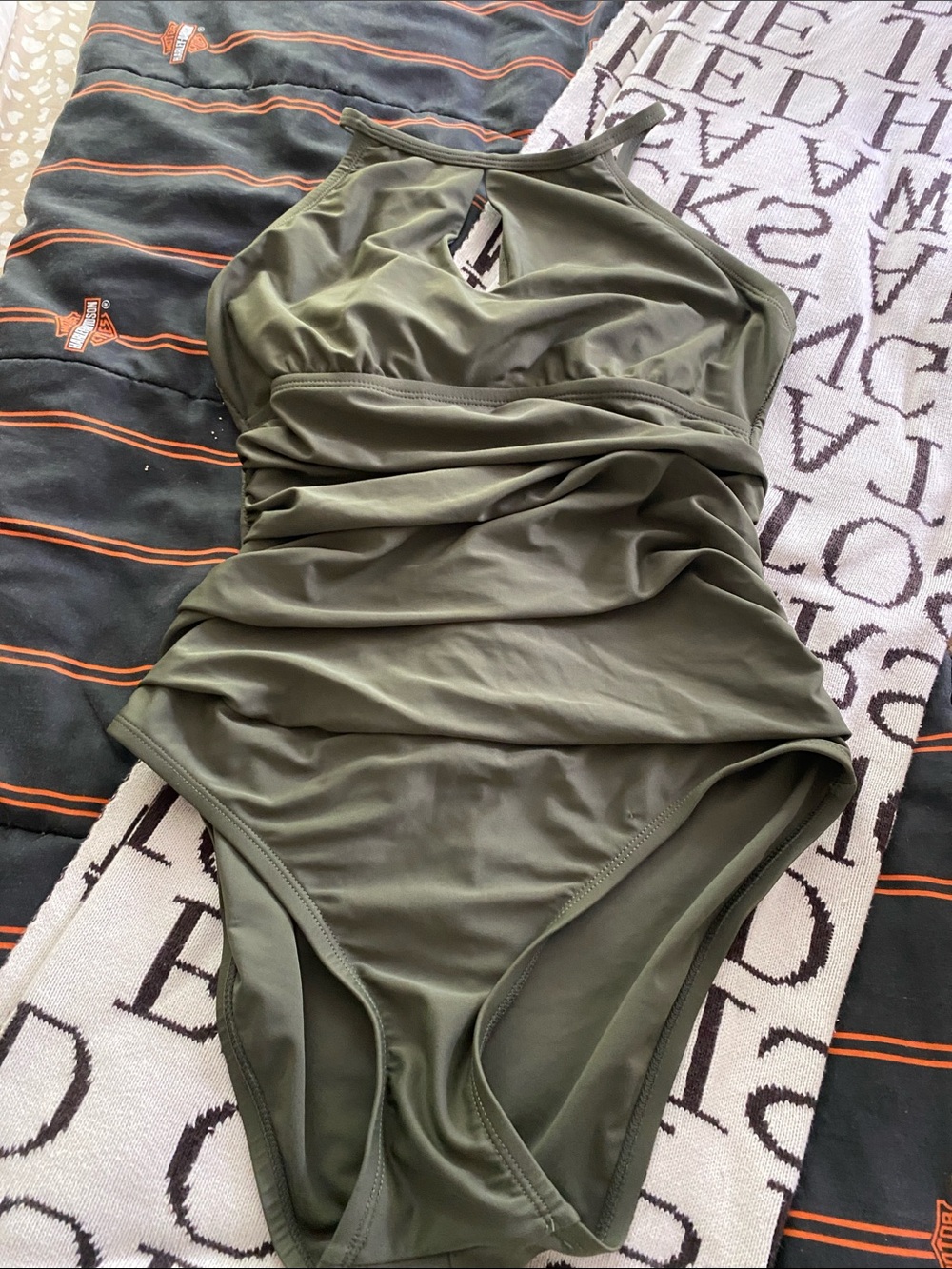 Ellen Tracy Olive Green Ruched One-Piece Swimsuit